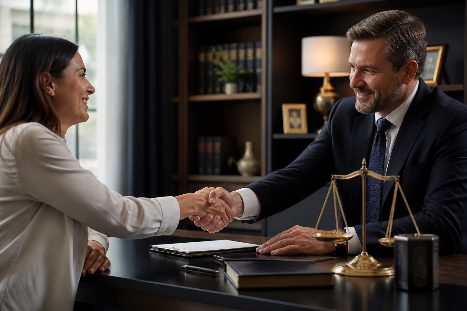 Advogado e cliente em acordo, representando entendimento entre as partes